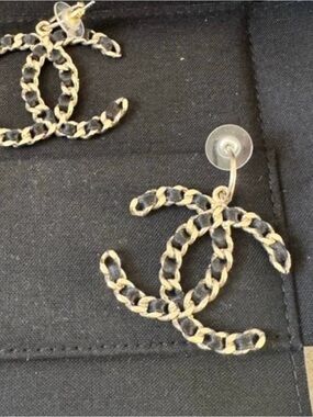 CHANEL XL Gold-Tone and Black Woven CC Drop Earrings